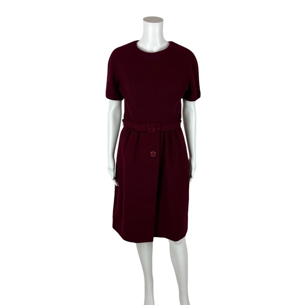 Vintage 60s Wool Dress Women's Medium Cranberry Short Sleeve Mod Sheath